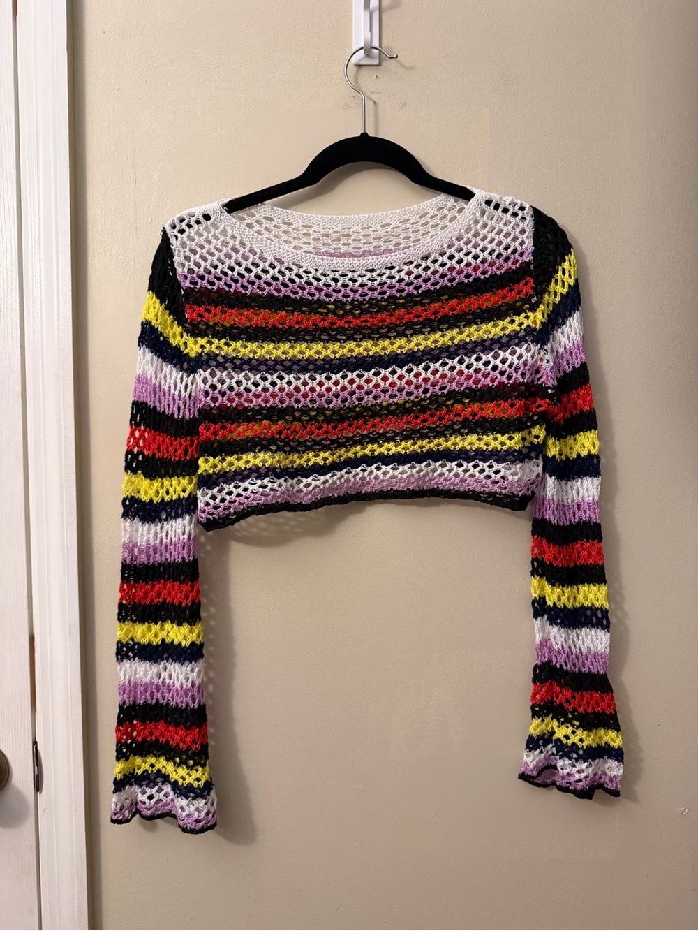 Striped Open-Knit Cropped Sweater Top - Yellow, Red, Black & White